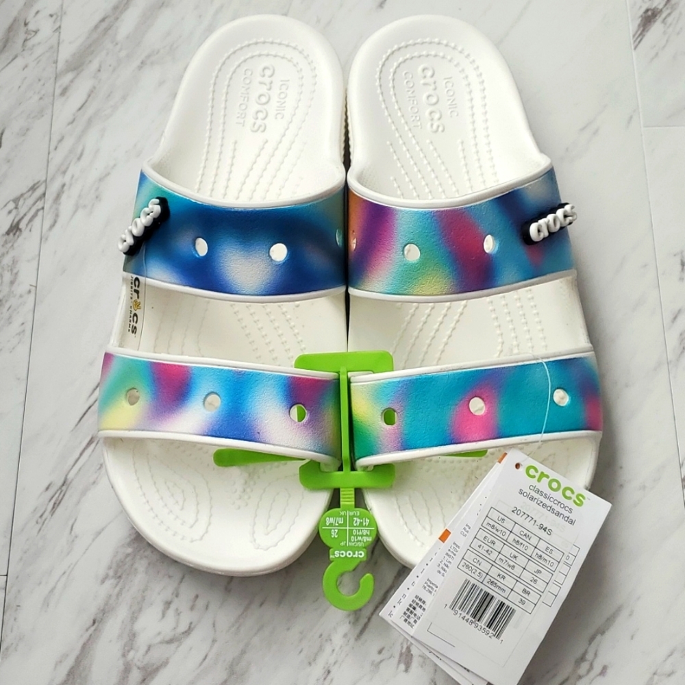 New!!! Crocs White/Multi Colored Crocs with Charms, Size 8M/10W.